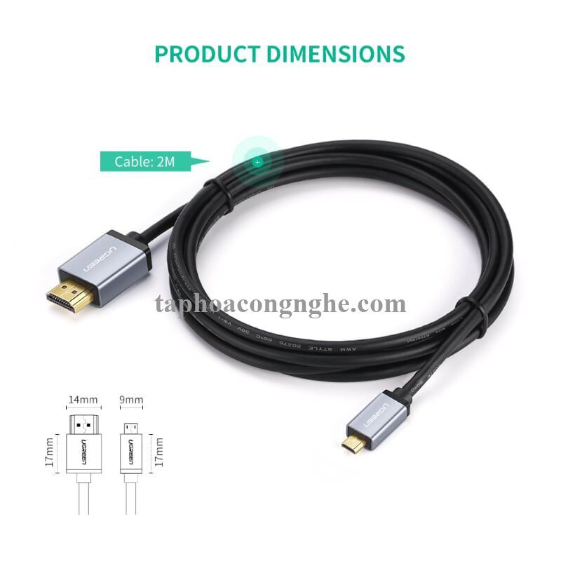 Ugreen 10143 3M màu Đen Cáp chuyển đổi Micro HDMI sang HDMI thuần đồng cao cấp HD109 30010143